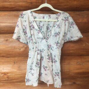 Tommy Jeans Y2K Style Cream & Pink Floral Silver Metallic Babydoll Top Size Med